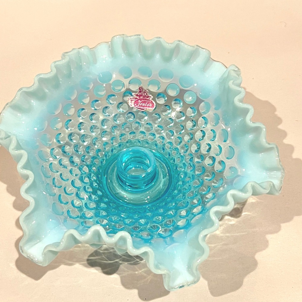 Fenton Aqua Opalescent Hobnail Ruffled Candle Holder Pedestal‎ 1950s MCM